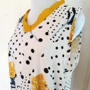 Yellow Floral and Black Polka Dot Print V-Neck Sleeveless Tie Front Blouse